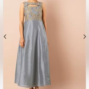 NWT grey silver Anarkali gown dress with cutout front gold embroidery